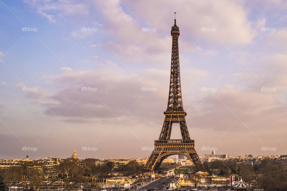 View of the tour Eiffel from Trocadero. Skyline of Paris