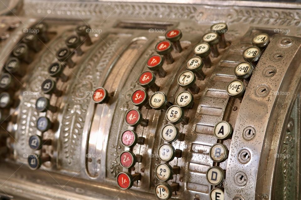 Creative textures, antique cash register buttons British Currency 