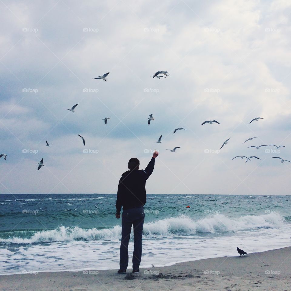 Boy and seagulls at the sea