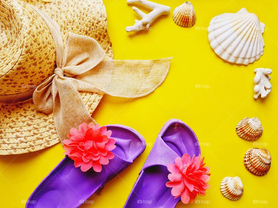 flat lay with beach accessories and shells