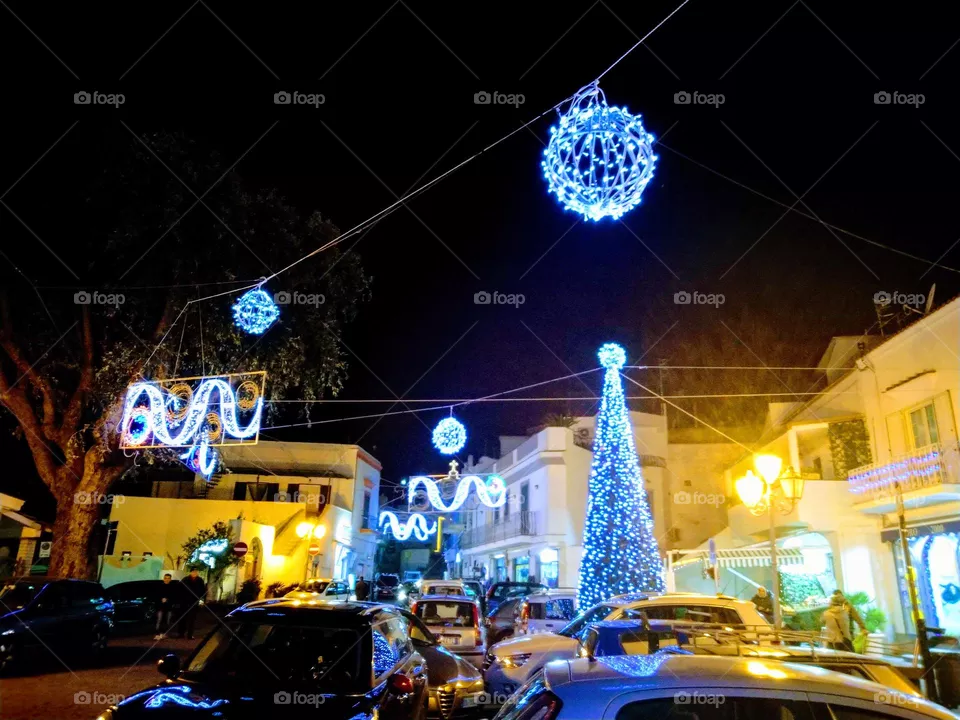 The Chrismas tree with all other lights installations in Piazza San Leonardo in Panza on the Italian island of Ischia