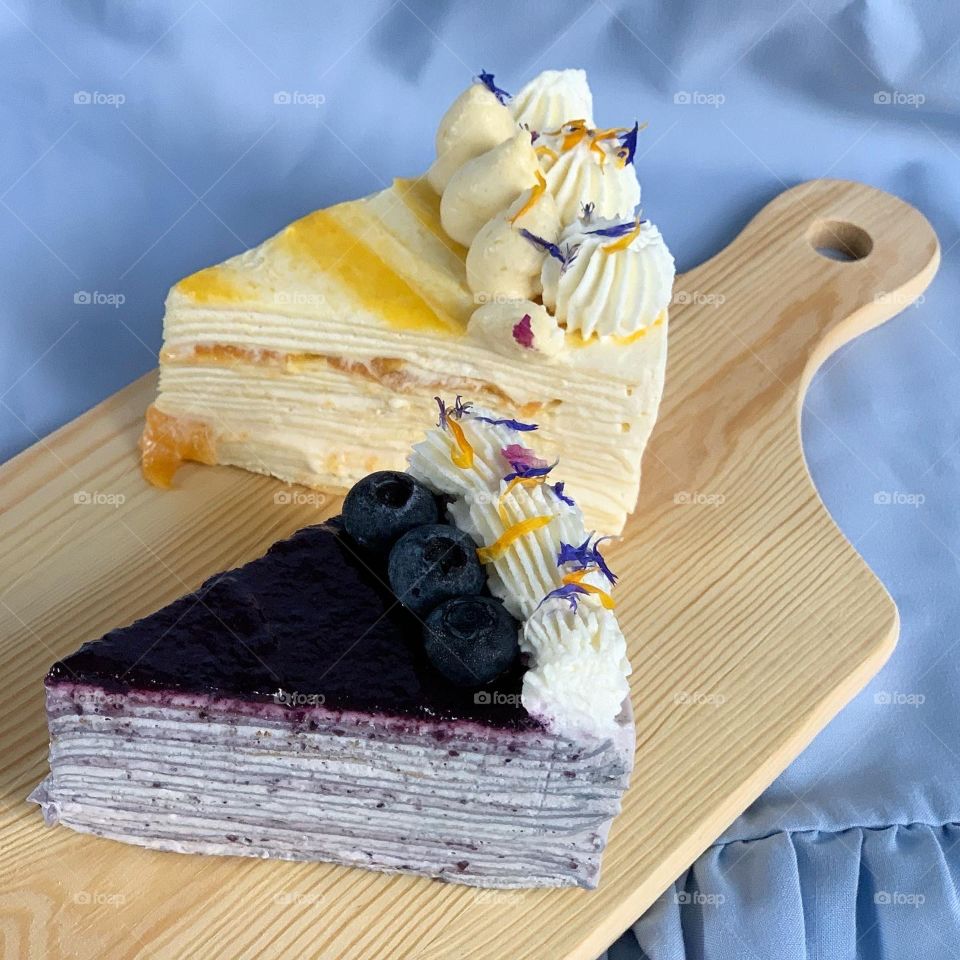 Mille crepe cake in 6 different flavours, matcha, chocolate, blueberry, raspberry, passion fruit 
