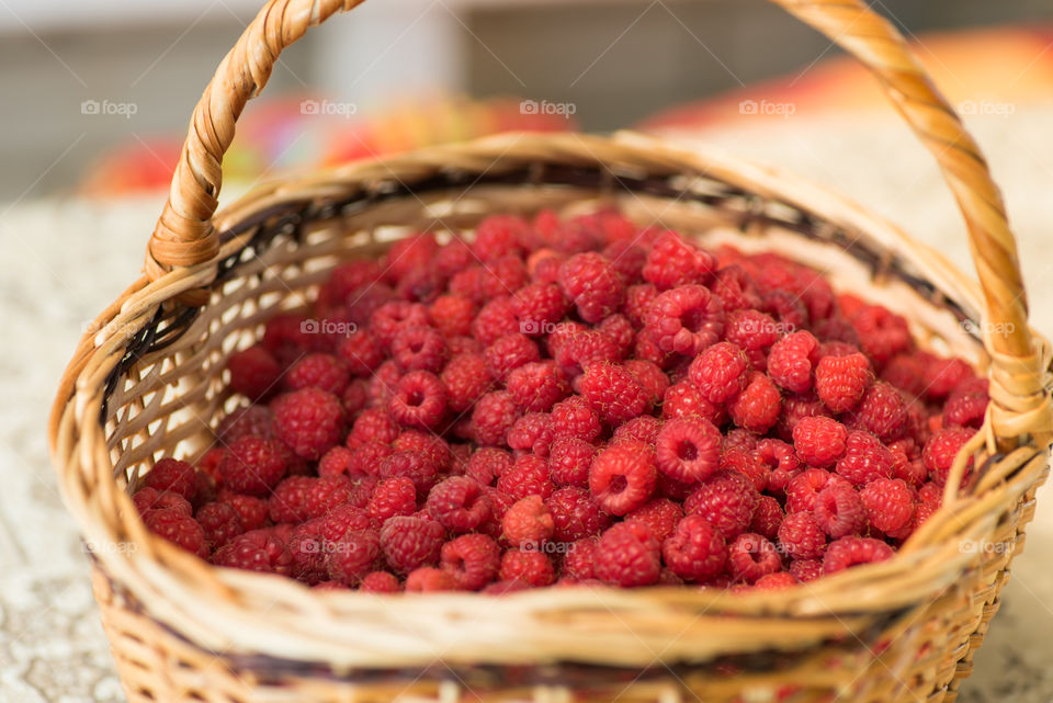 Ripe organic raspberries in punnet