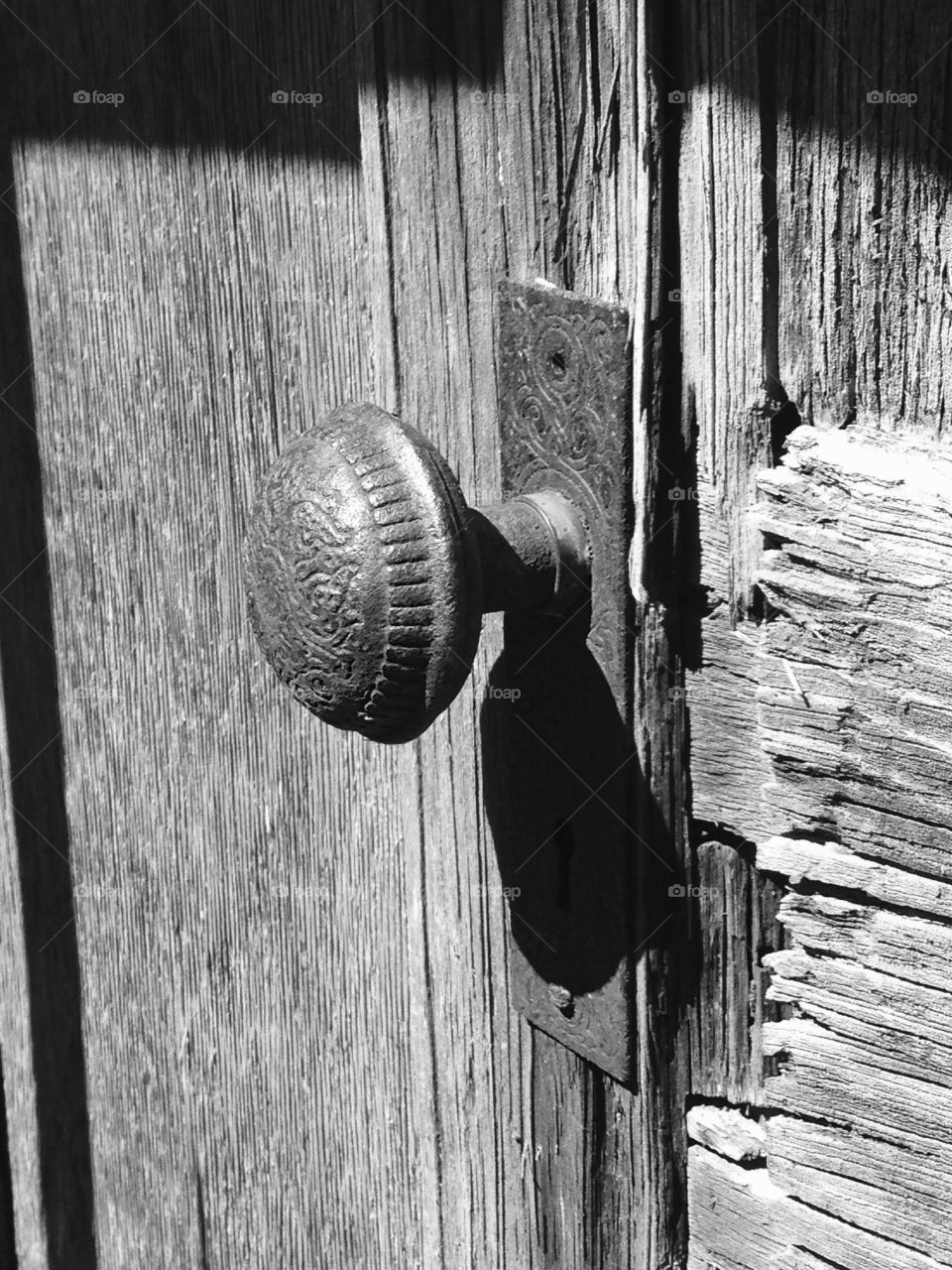An illustration of days gone by. The only thing left of an old abandoned shack is an old rusty ornamental door knob from the turn of the century.