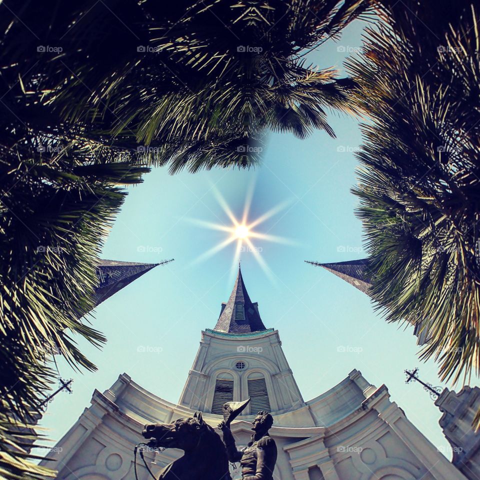 Morphed photo of St Louis Cathedral in Jackson Square New Orleans. Circular photo. Unique depiction of historical landmark  
