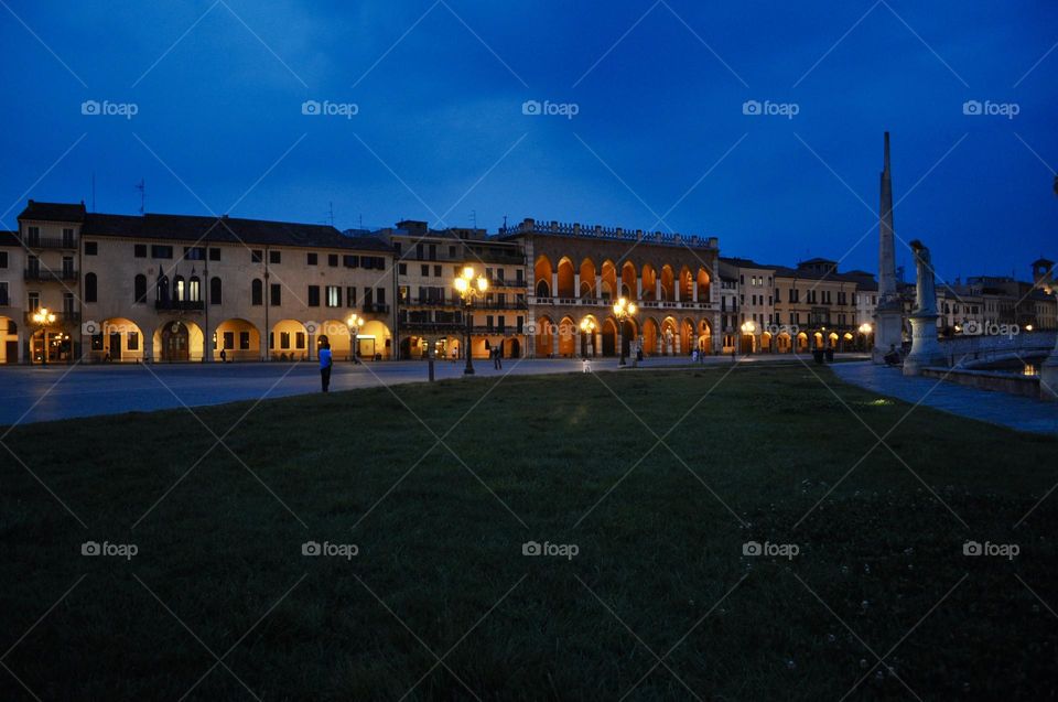 Enlightened buildings in Padova, Prato della Valle square, Veneto region, Italy, Padua by night 