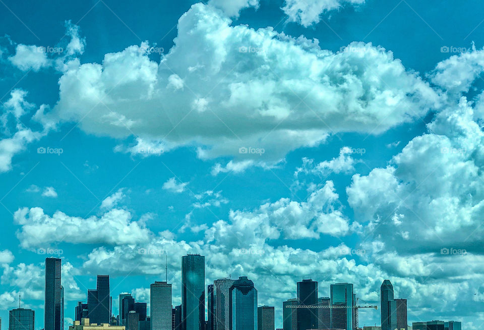 Foap Mission Cityscapes! Downtown Houston Skyline with Billowy Clouds and Brilliant Blue Sky’s!