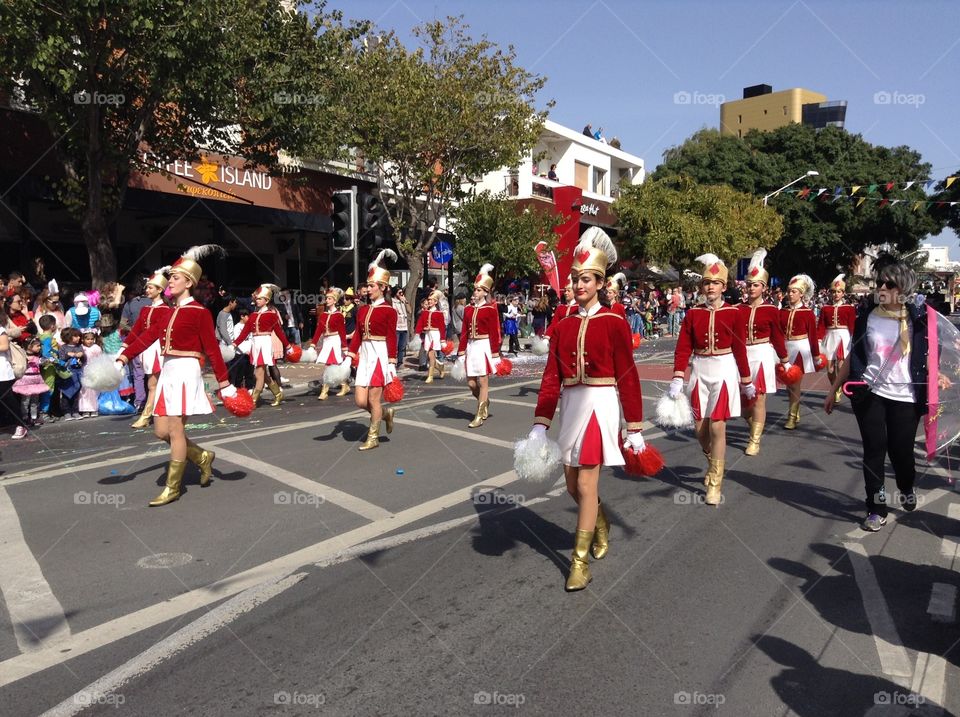 Drum majorettes in carnival parade.
