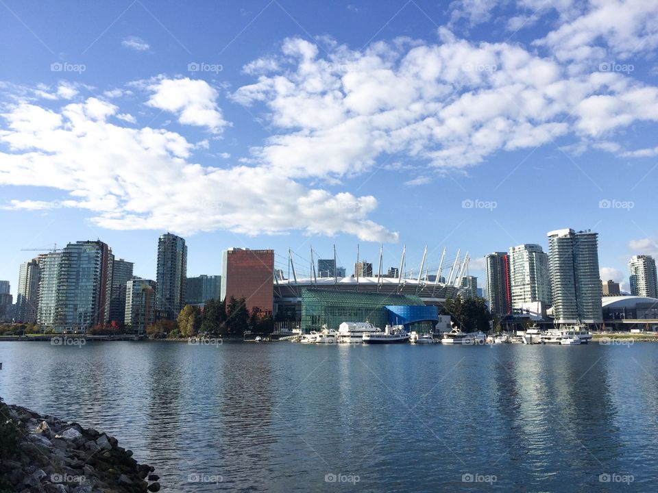 A beautiful view of BC Place stadium in downtown Vancouver, British Columbia on a crisp, clear Autumn day