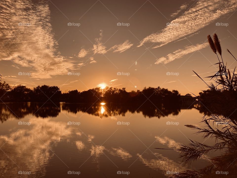 Sunset with perfectly positioned gorgeous high clouds. The Right amount of glare from the Setting Sun b