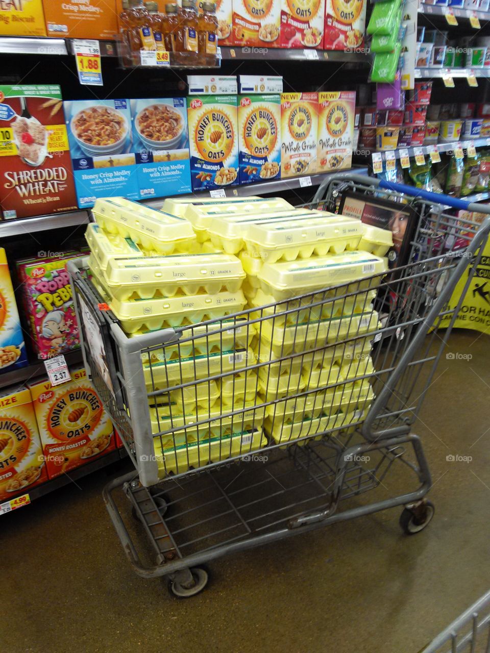 Someone Loves Eggs. Strange cart in the breakfast isle of a grocery store. 