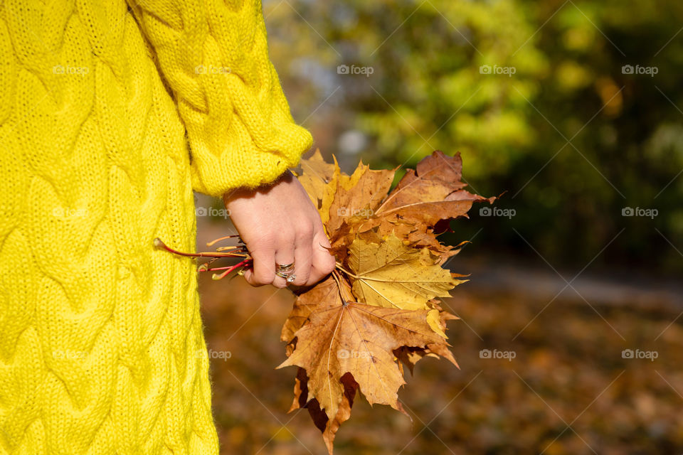 The woman in the yellow jacket holds colorful leaves in her hands.