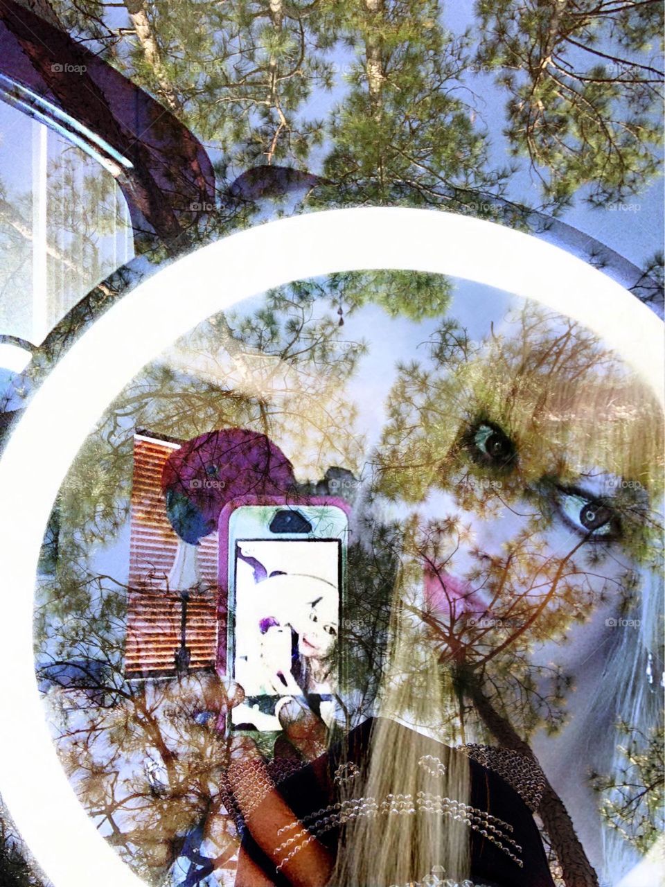 Woman and parrot in the psychedelic mirror.