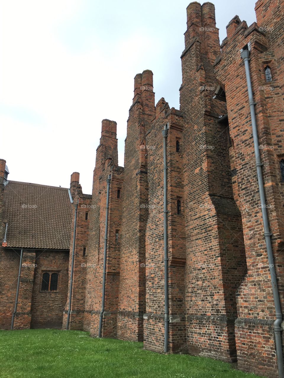 Exterior view of the intricate brickwork chimneys at the medieval Manor House at Gainsborough Old Hall