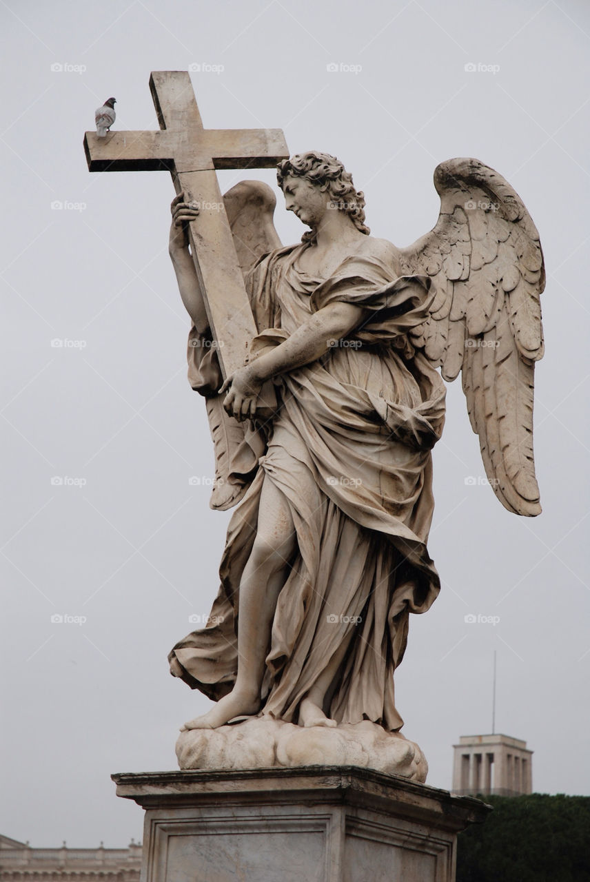 Statue, angel, cross, pigeon, Roma, Rome, Rom