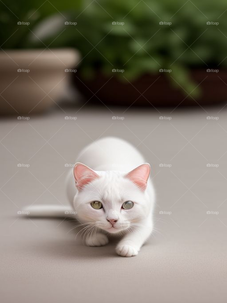 White cat preparing for hunting