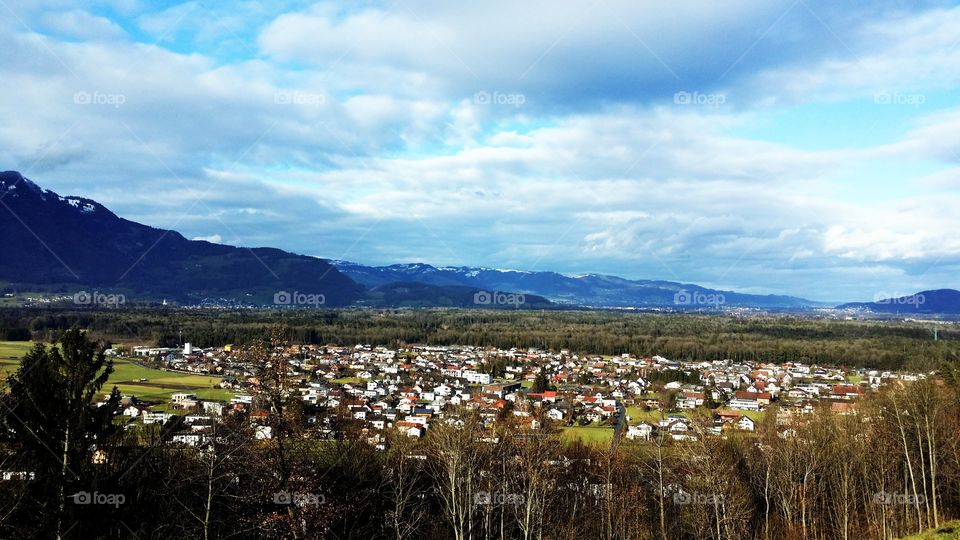 Landscape view of town and mountains