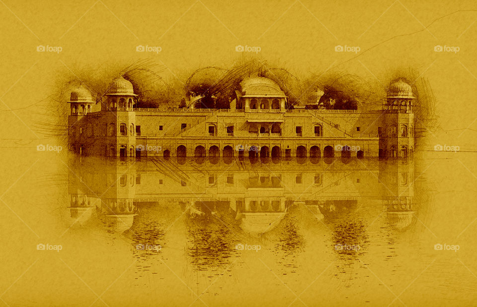 Water palace, jal Mahal illustration, Jaipur, Rajasthan, India