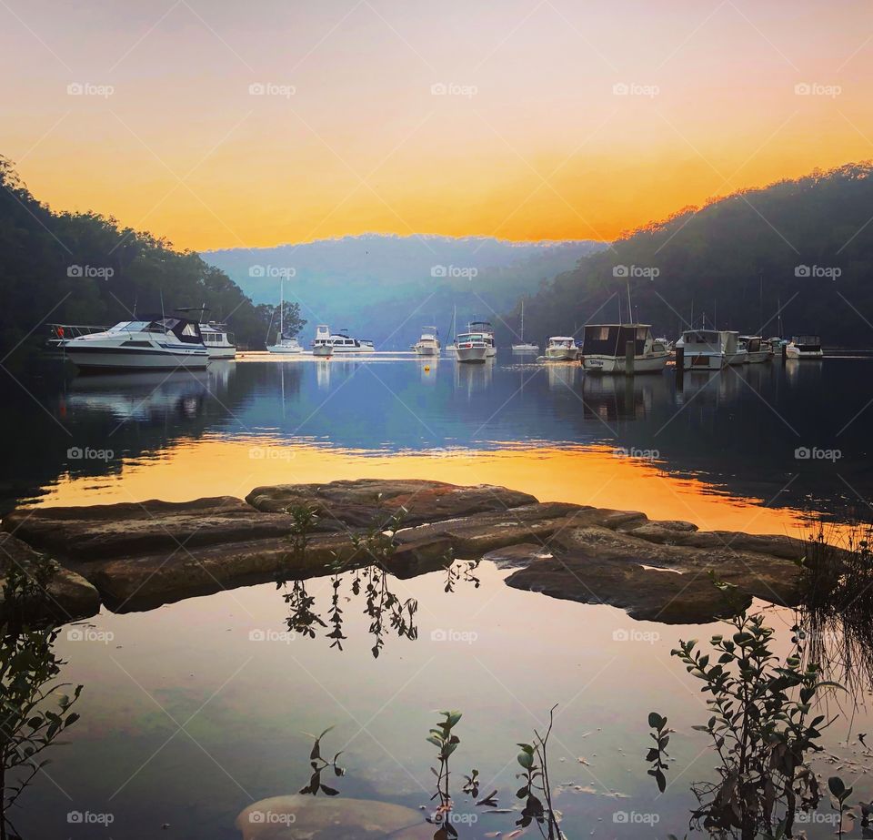 Sunrise At Akuna Bay - boats on water - Sydney 