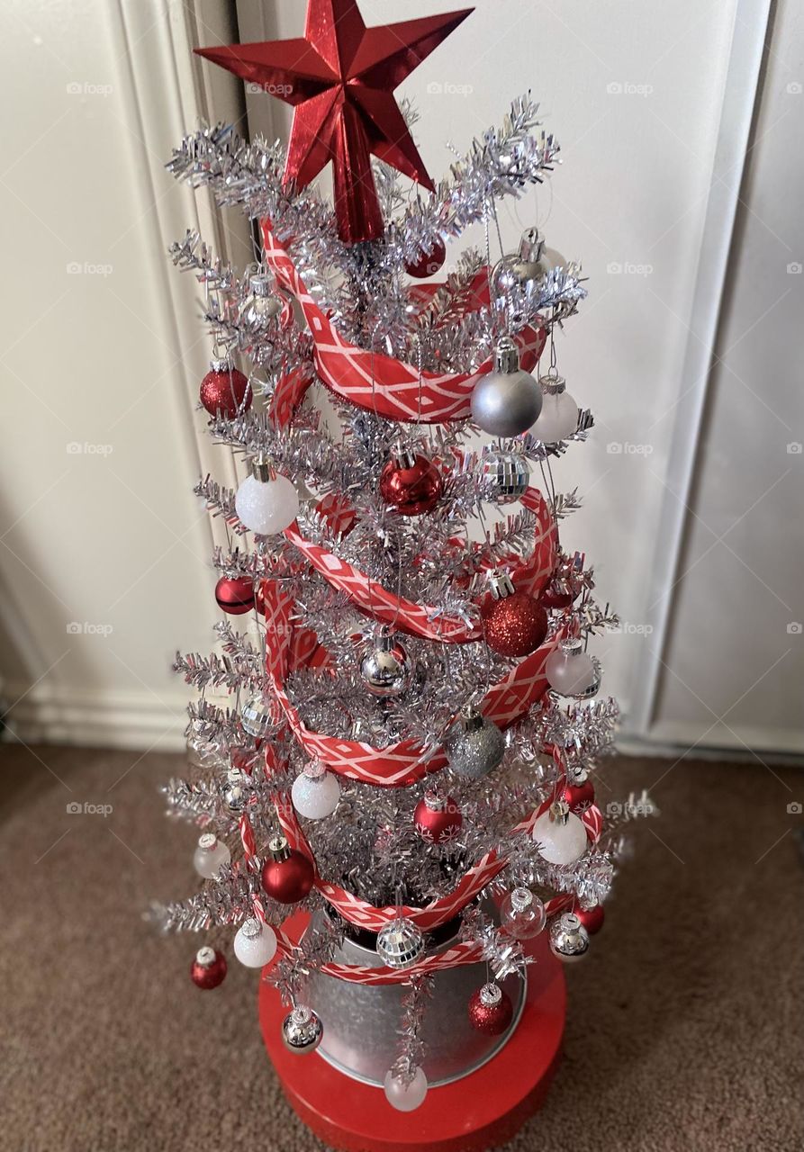 A  Silver,Mini Christmas Tree with red and white decor 