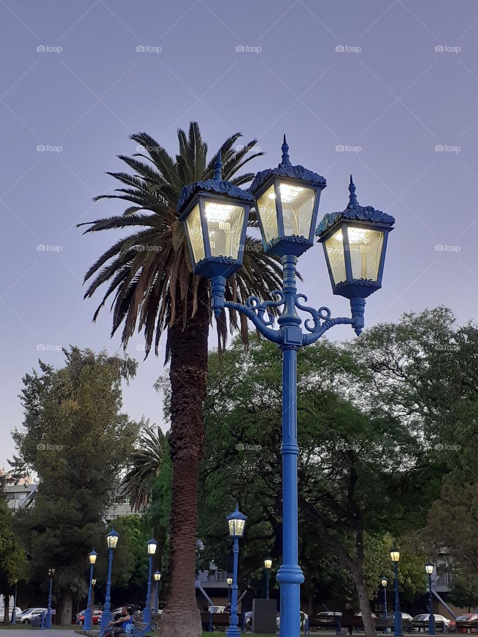 los faroles de plaza de Mendoza al atardecer