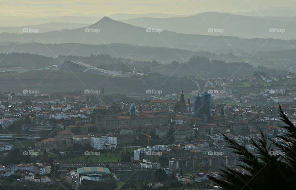 View of Santiago de Compostela in the morning mist. View of Santiago de Compostela in the morning mist