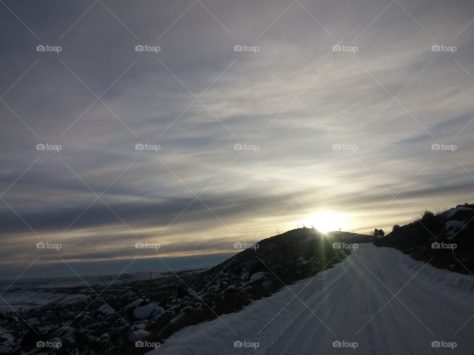 Mountain Road Snowy Sunset