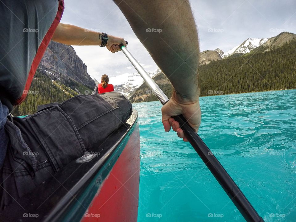 Canoeing in Lake Louise in Banff National Park. Alberta, CA.