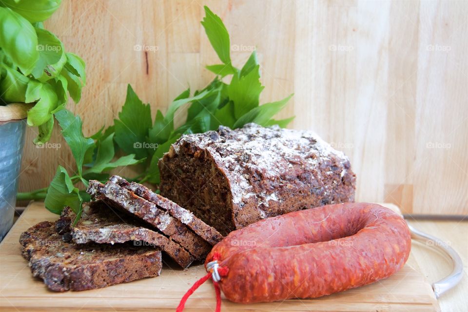 Close-up of slice of cake with sausage