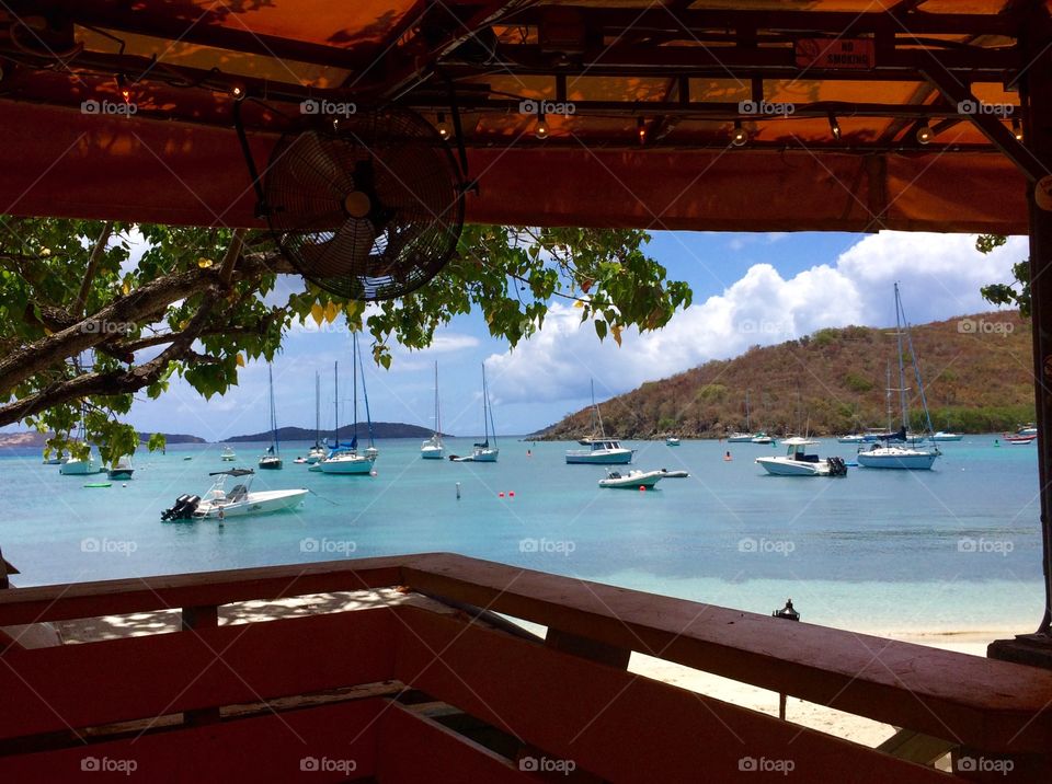 Let's go sailing. View of Cruz Bay from Joe's Rum Hut in St John, USVI