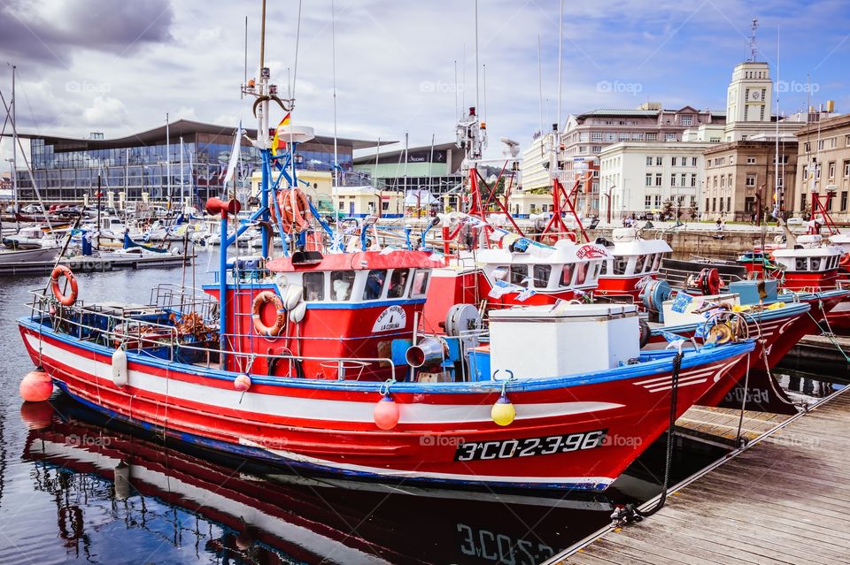 Fishing boats at A Coruña harbour, Galicia, Spain.