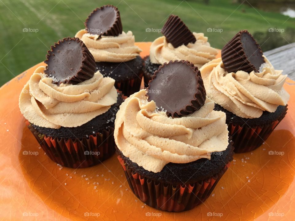 Chocolate Cupcakes with Peanut Butter Buttercream Icing topped with a Peanut Butter Cup