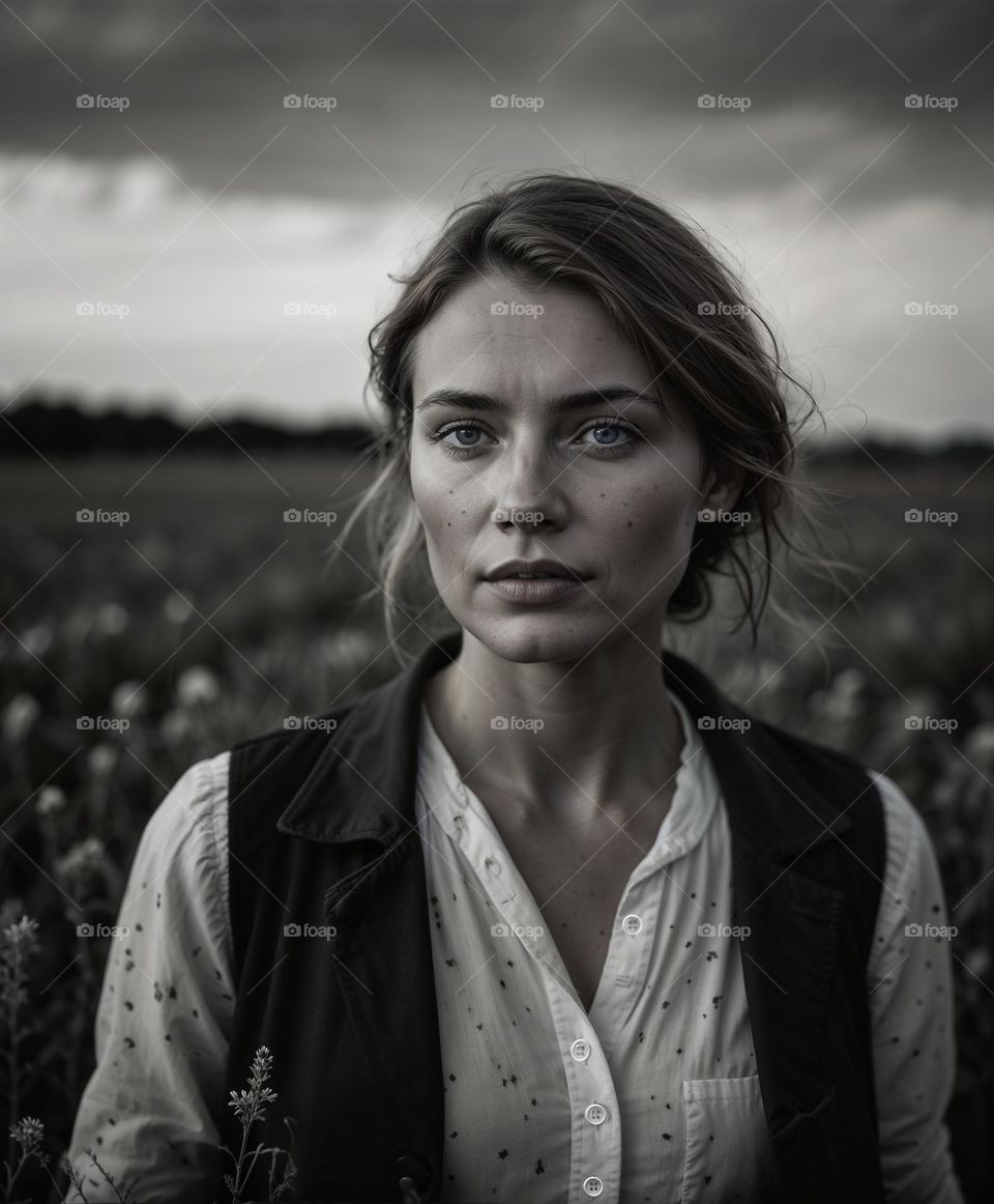 a black and white photo of a farmer woman in a field