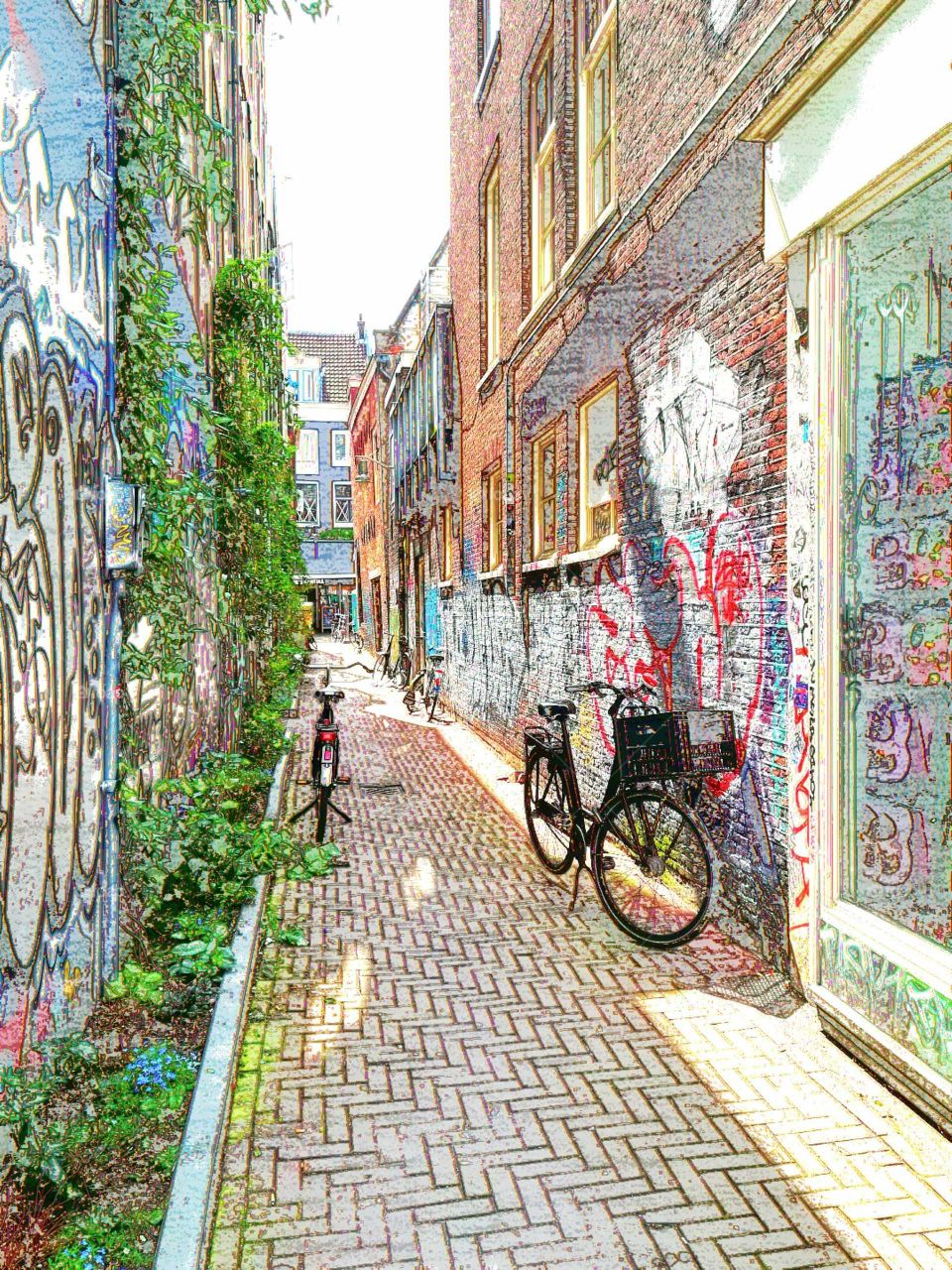 callejón de Amsterdam con bicicletas en cómic , Holanda