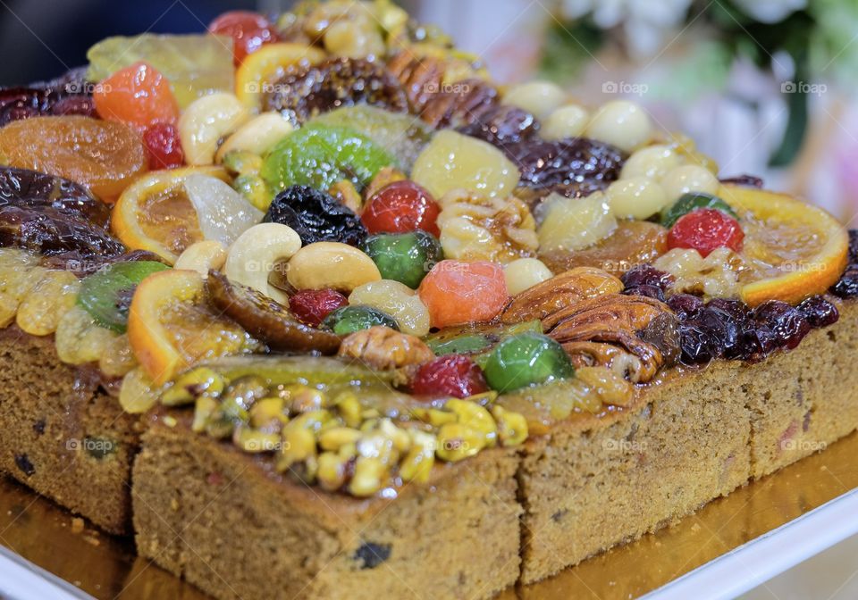 Bangkok/Thailand-June 08 2019: Big amazing Thailand sweet creation , Fruits cake