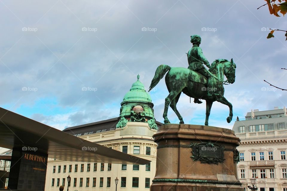 Albertina. I took this photo in Viena, Austuria. This statue stands in front of the popular Albertina Museum.