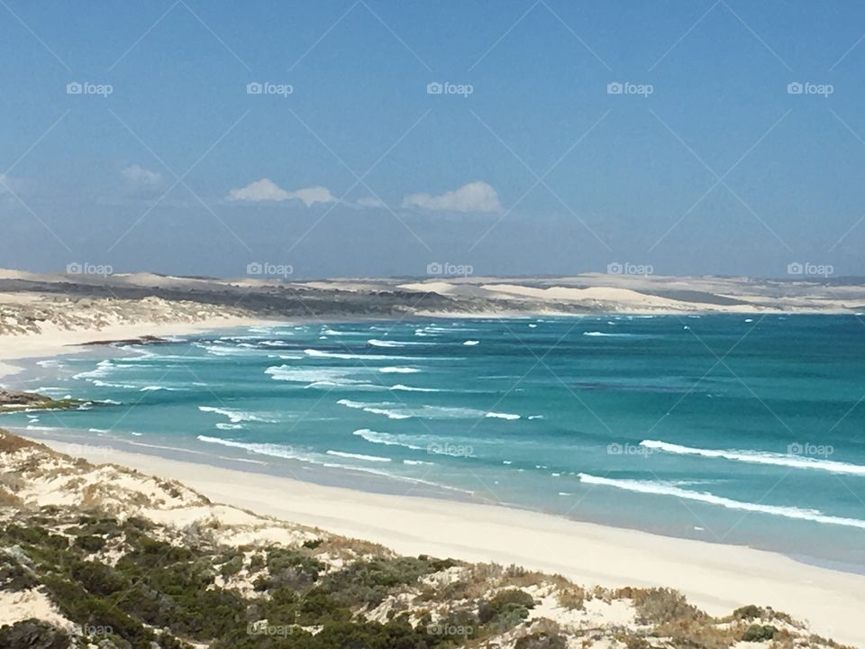 Scenic turquoise wonder, remote white sand beach in south Australia surrounded by rolling sand dunes in national park near Coffin Bay, pristine remote gorgeous wonderfully natural spot and filled with wildlife