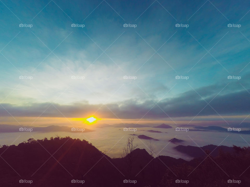 Mountin valley during sunrise. Natural summer landscape