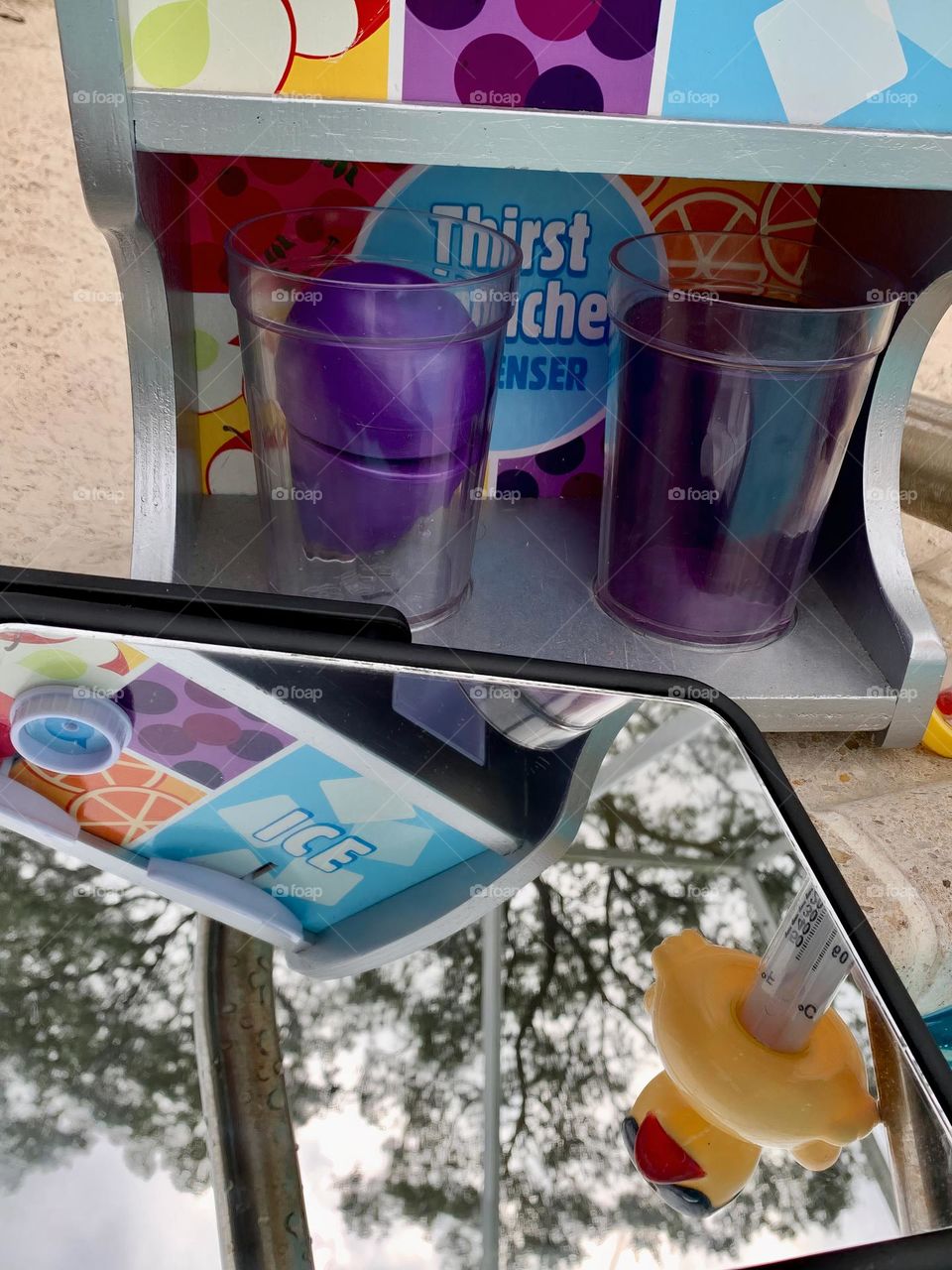 Mirror Reflection Of Beverage Game Wood Toys Showing possible Refreshing Drinks With Toy Duck Thermometer With Trees.