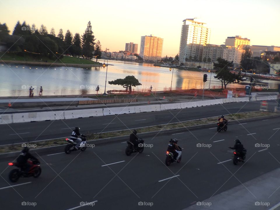 Bikers and cityscape 