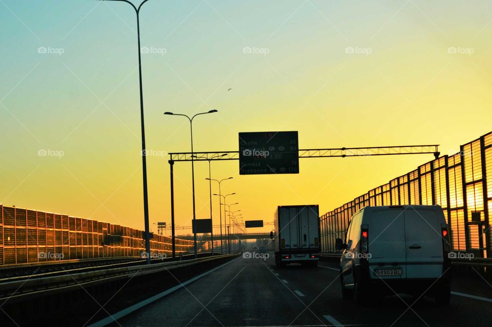 Golden hour during sunrise  on the expressway in Poland