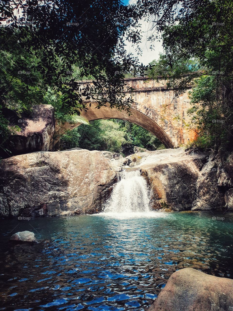 Bridge over waterfall.