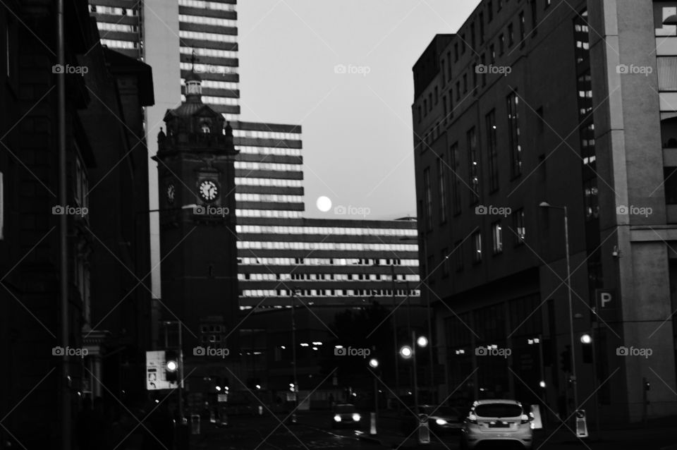 black and white architecture. English architecture at night