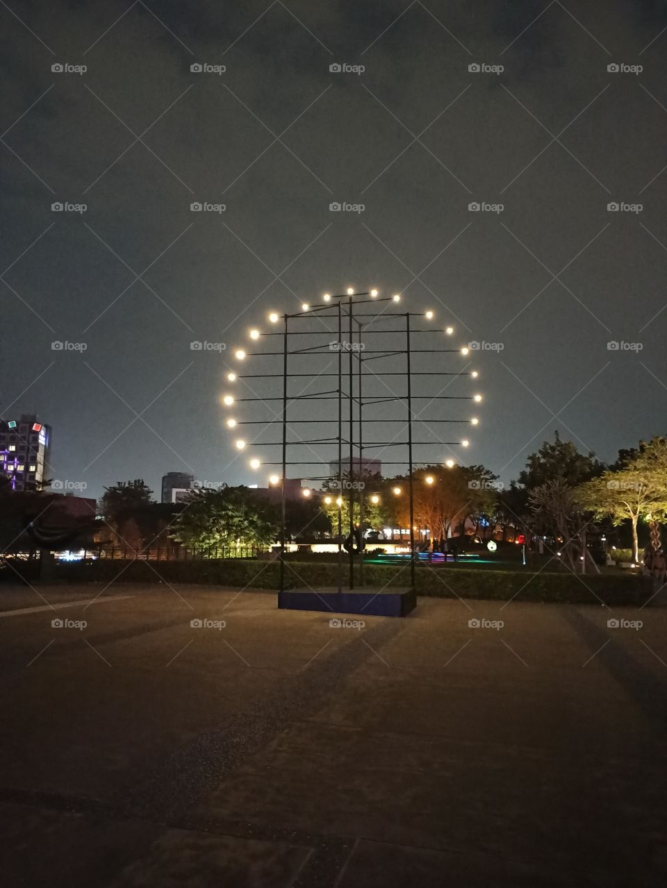 Lightbulbs lit in the evening.