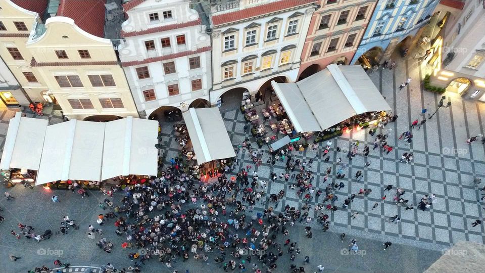 View from Old Town Hall Tower in Prague, Czech Republic. People watching the Astronomical Clock.