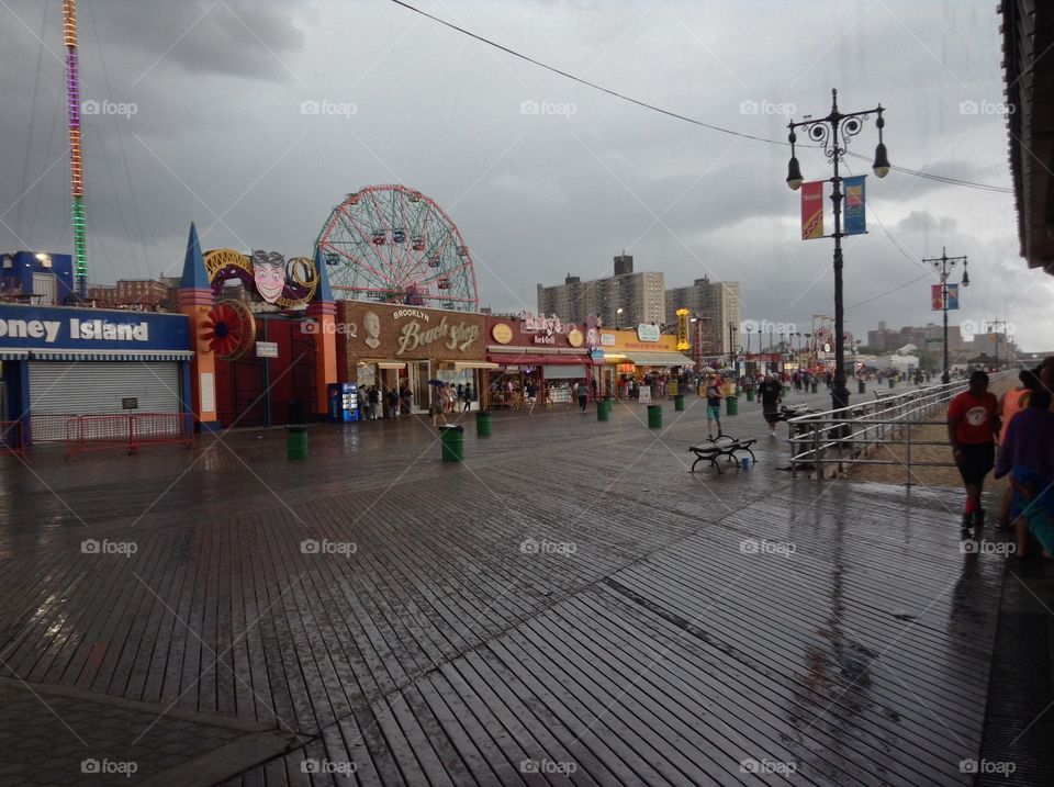 Coney Island went grey. Theme park in a rainy day of Coney Island, NYC