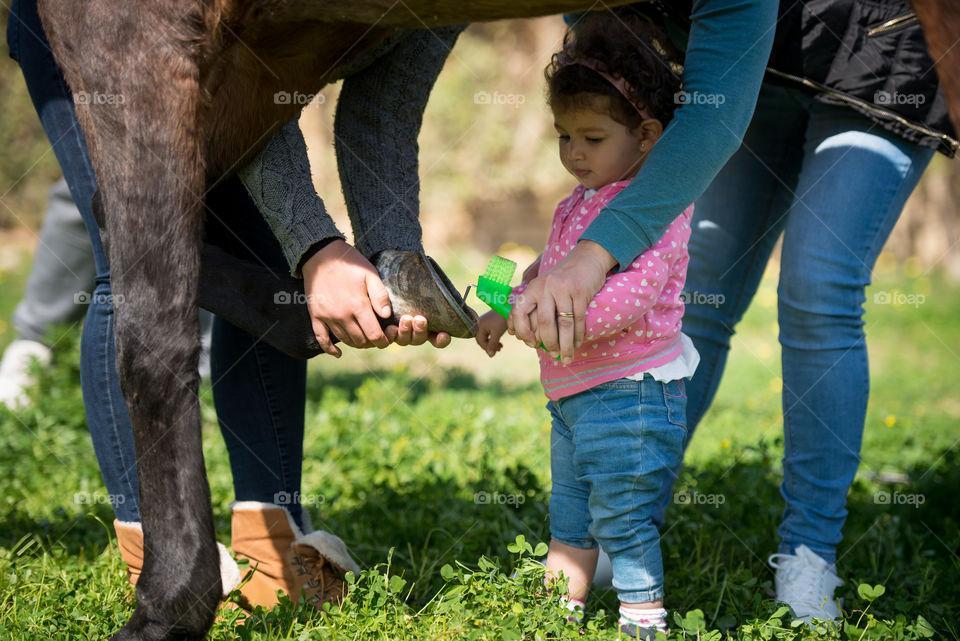 teaching a girl how to brush a horse's hooves