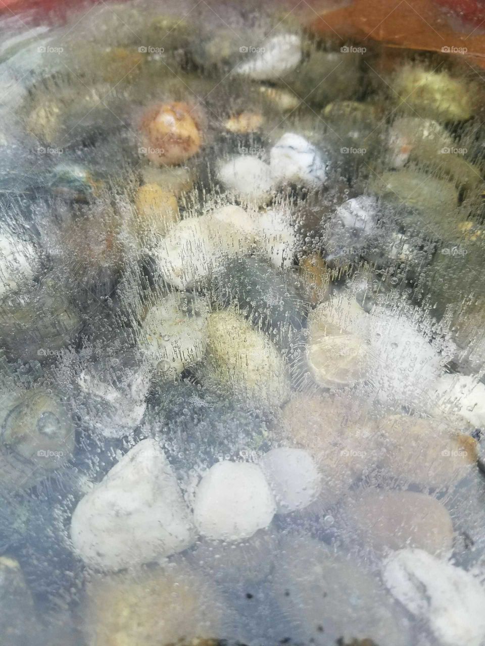 Different rocks and pebbles frozen under water.