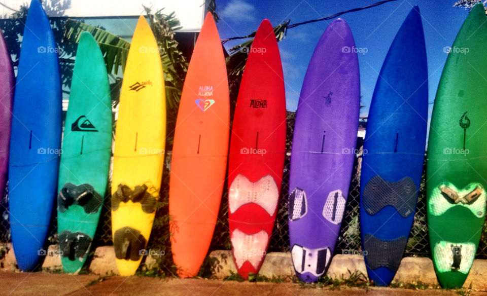 View of colorful surfboards