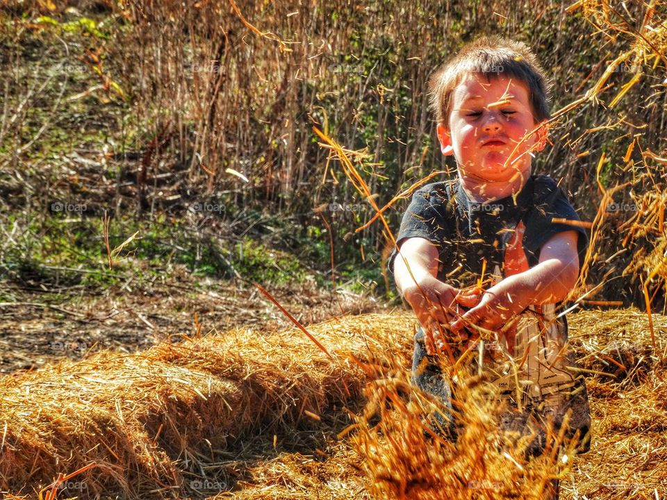 Farm Boy Playing In The Hay